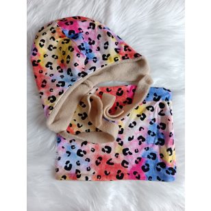Színes párduc téli sapka, sál szett